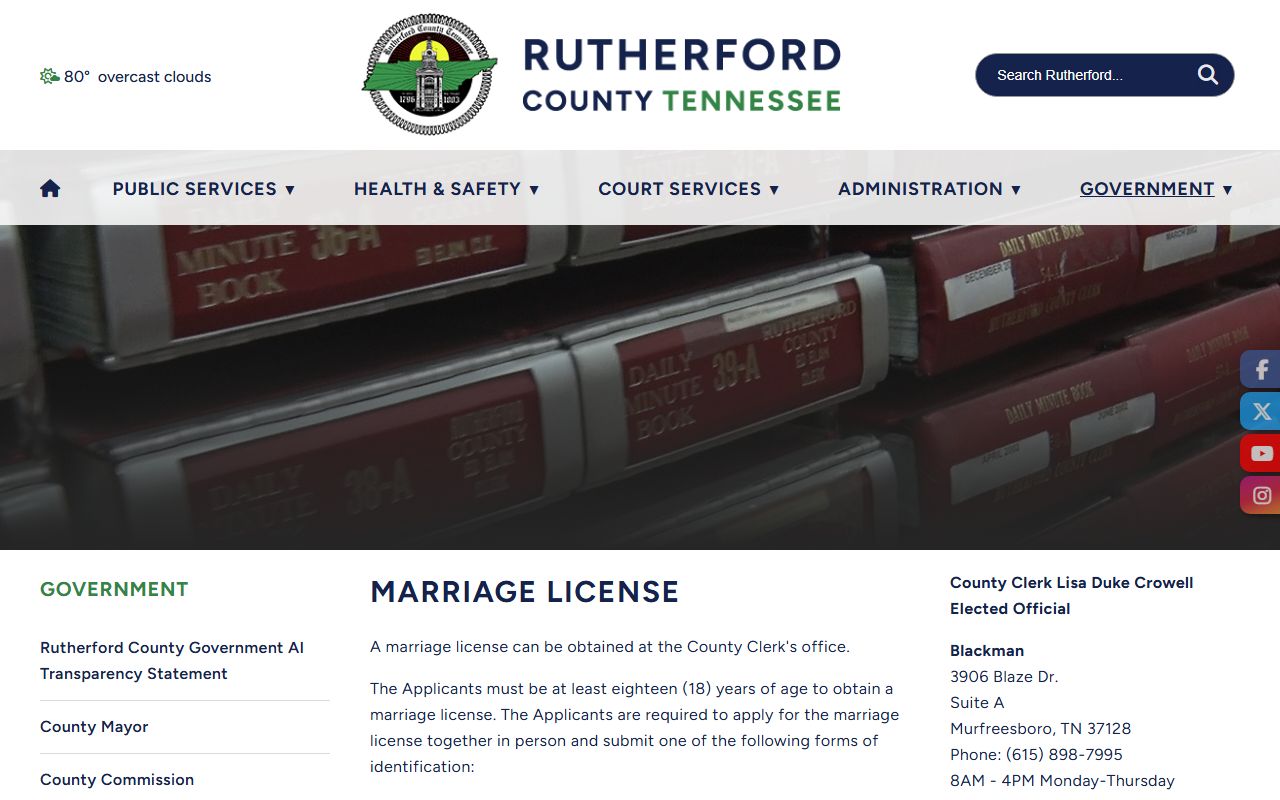 Rutherford County marriage and divorce records - County Clerk marriage license page