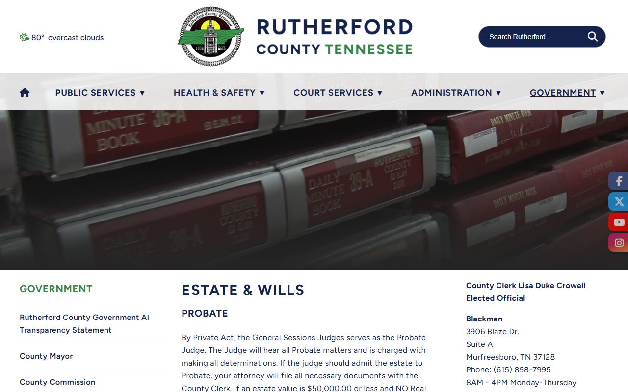 Rutherford County probate records Estate and Wills page on the county government website