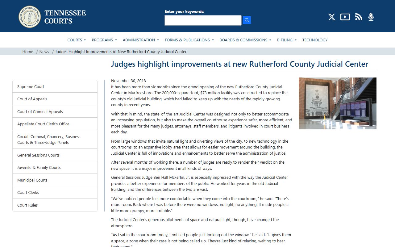 Tennessee courts news on the new Rutherford County Judicial Center