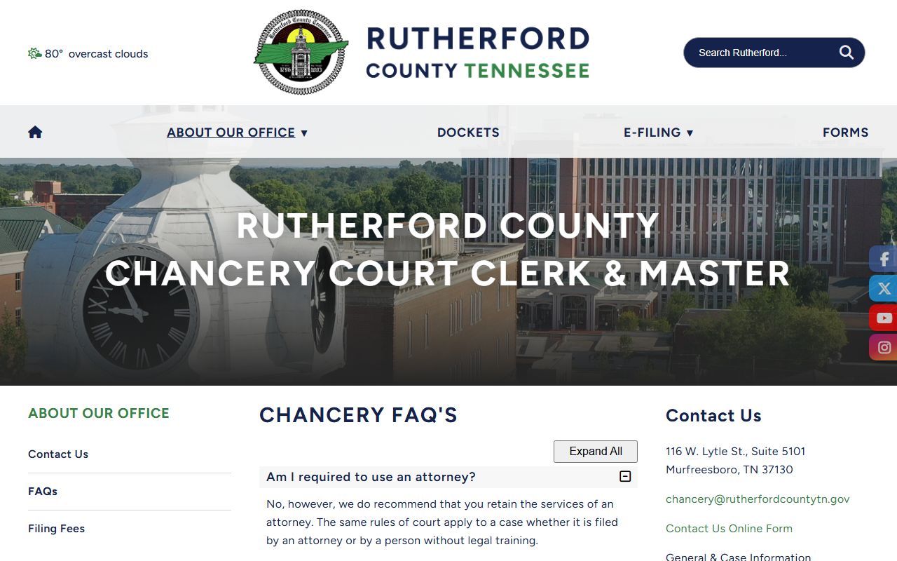 Rutherford County Chancery Court records FAQ page for self-represented litigants