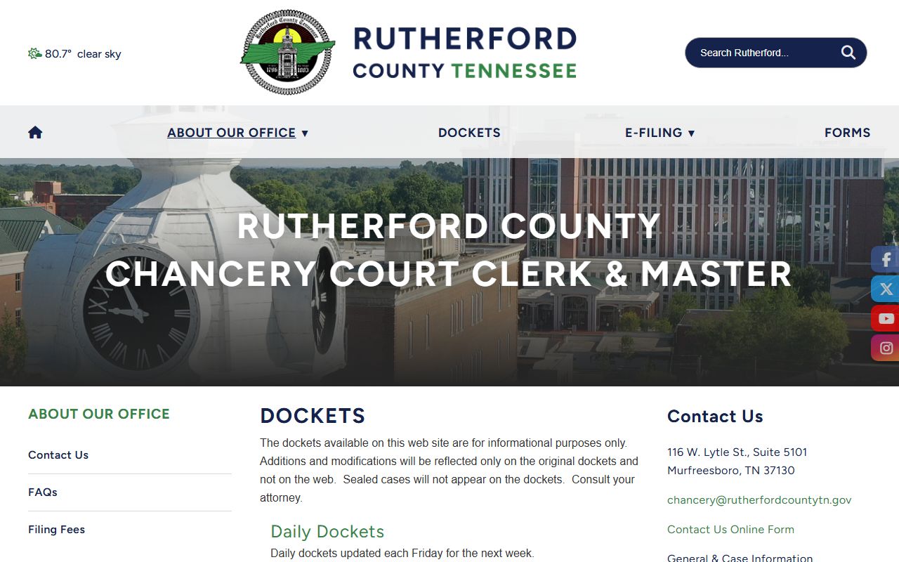 Rutherford County Chancery Court dockets page with hearing calendars