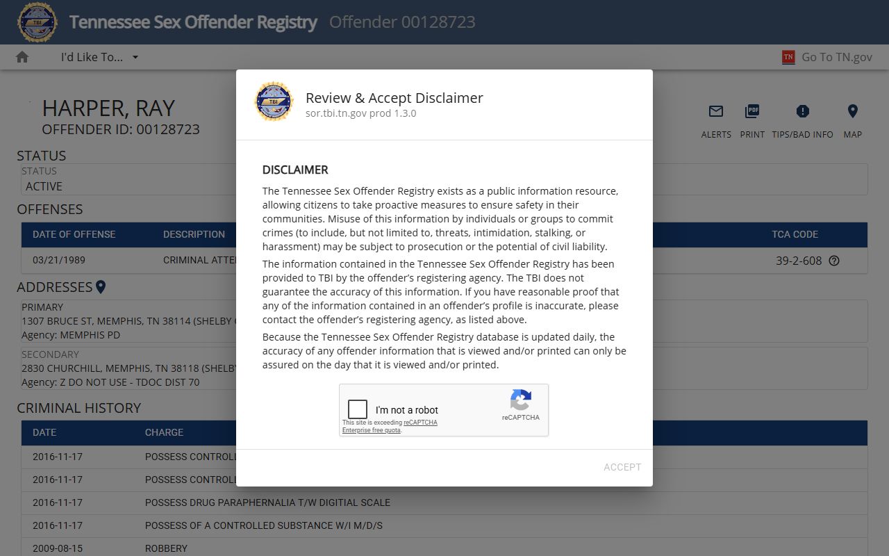 Rutherford County court systems TBI sex offender registry sample detail record page