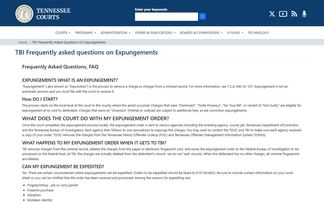 Rutherford County arrest records and Tennessee TBI expungement FAQ page on tncourts.gov