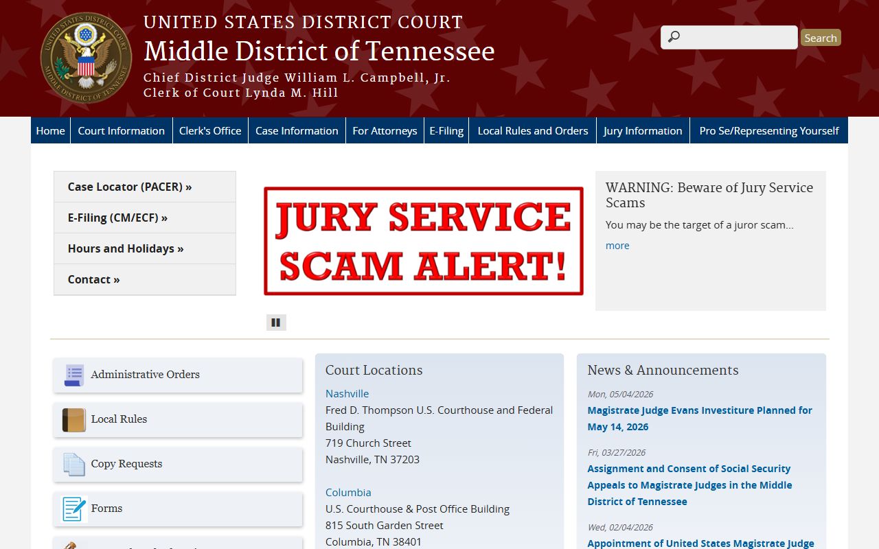 Rutherford County district court and U.S. District Court Middle District of Tennessee website