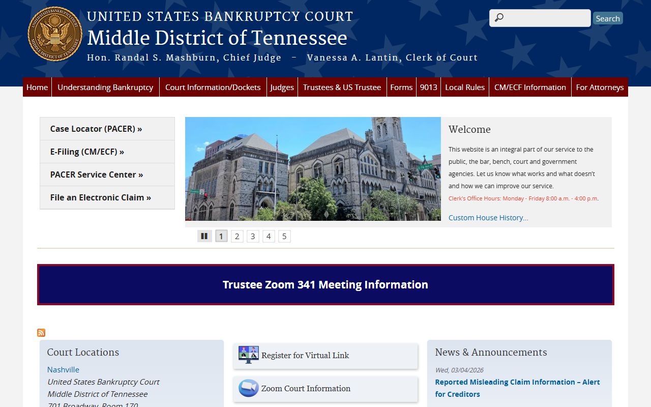 Rutherford County district court bankruptcy filings on the U.S. Bankruptcy Court Middle District of Tennessee website