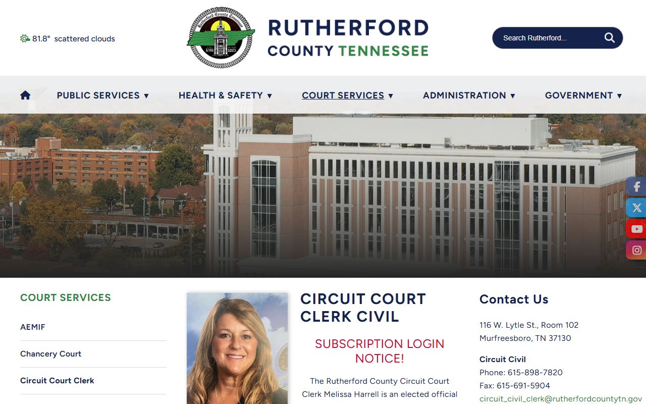 Rutherford County Circuit Court Clerk page with court divisions and contacts