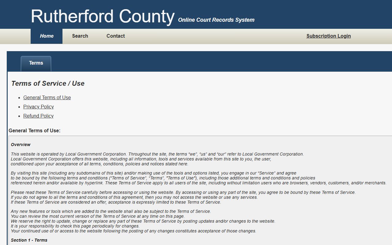 Rutherford County court records portal terms of use page
