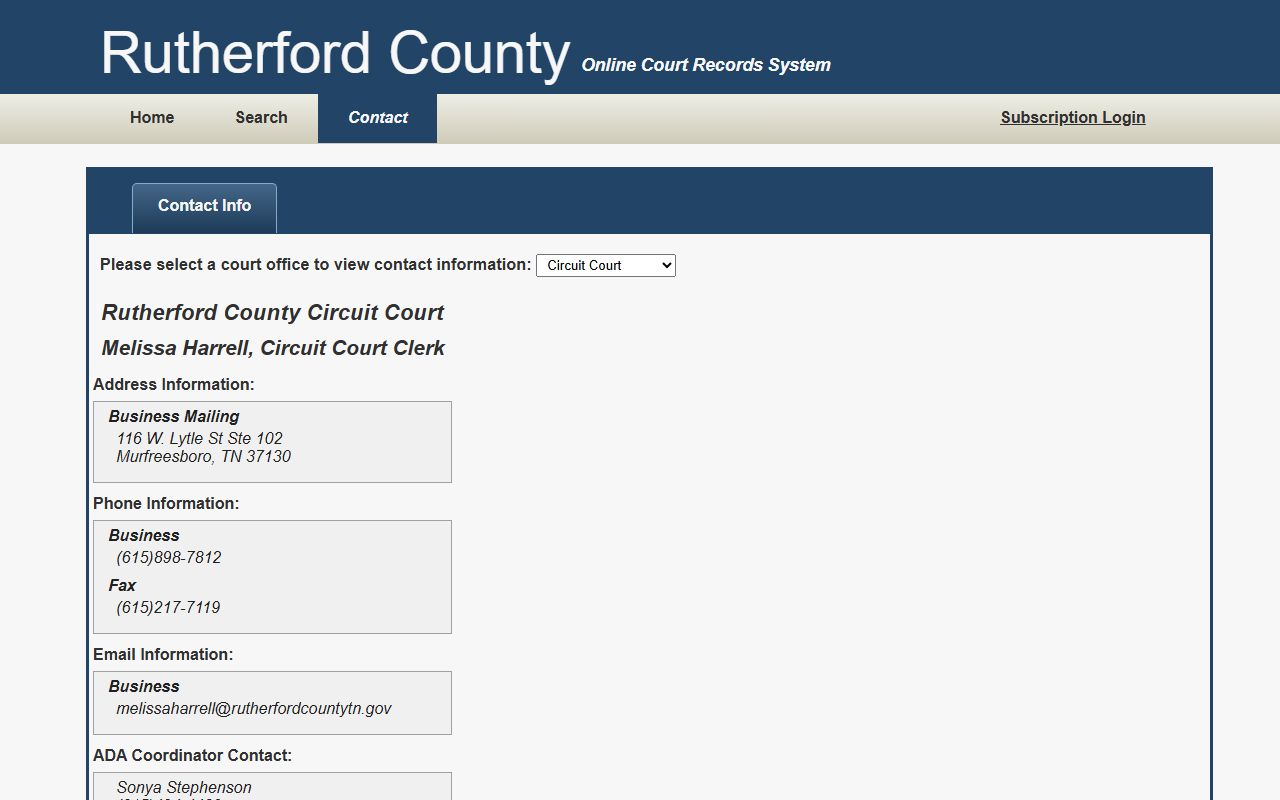 Rutherford County court records portal contact page for clerk divisions