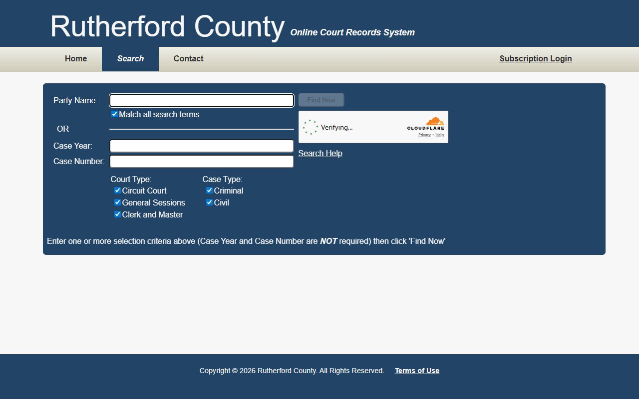 Rutherford County online court records case search form fields