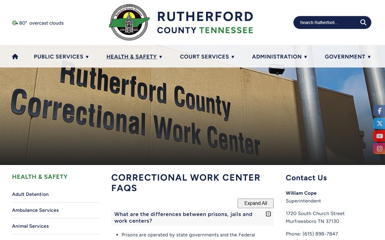 Rutherford County inmate records and Correctional Work Center FAQ official page