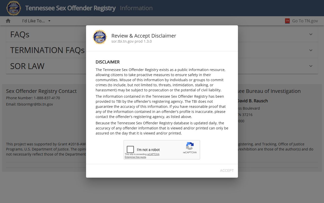 Rutherford County inmate records TBI sex offender registry FAQ and disclaimer page