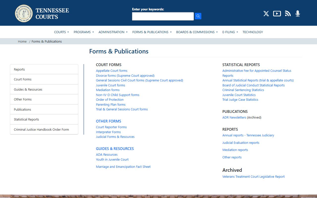 Tennessee court forms and publications page for Rutherford County public records