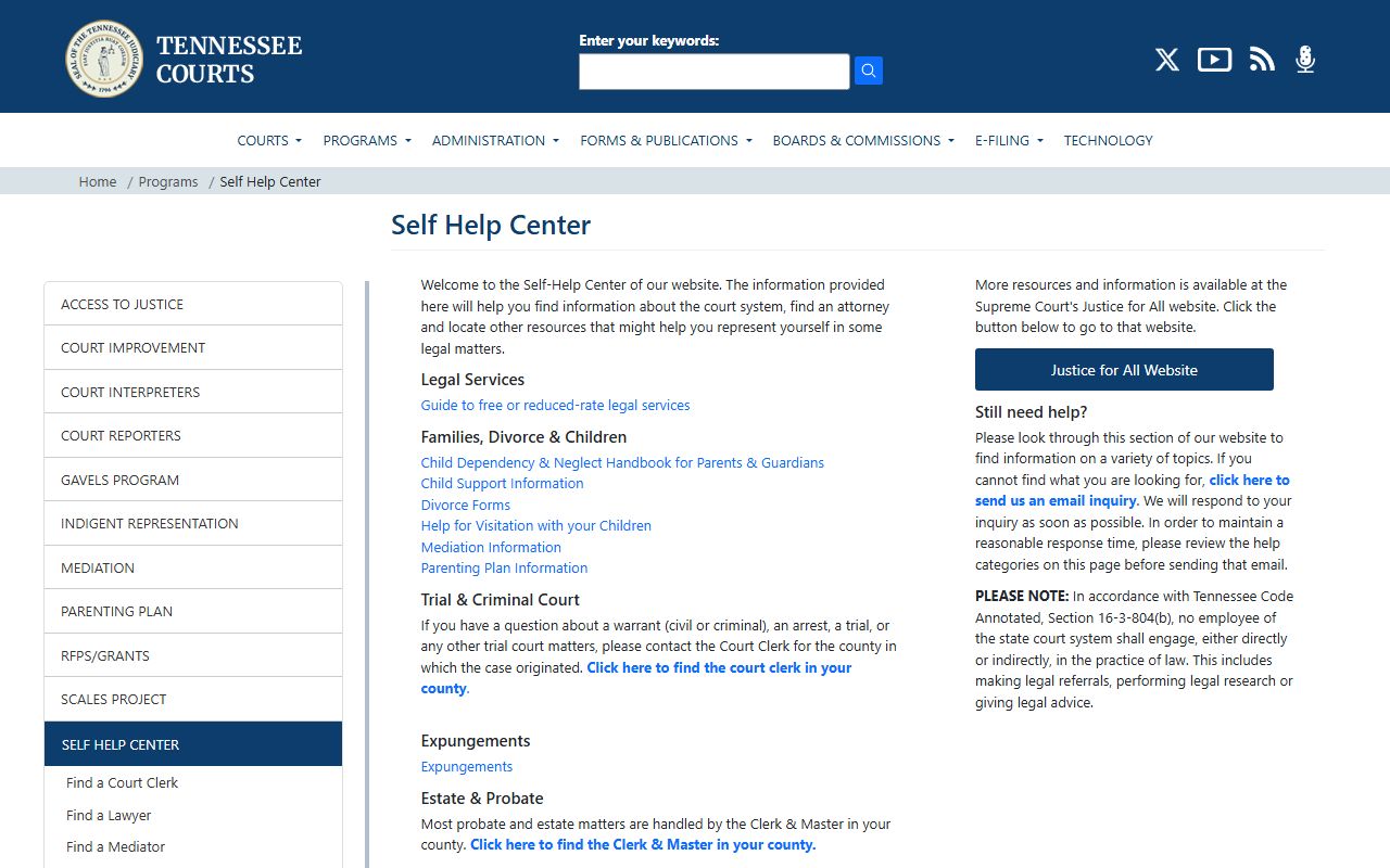 Tennessee Courts Self-Help Center page for Rutherford County court records guidance
