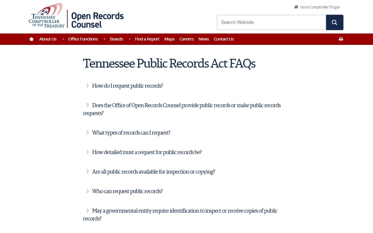 Rutherford County public records Tennessee Public Records Act FAQ page
